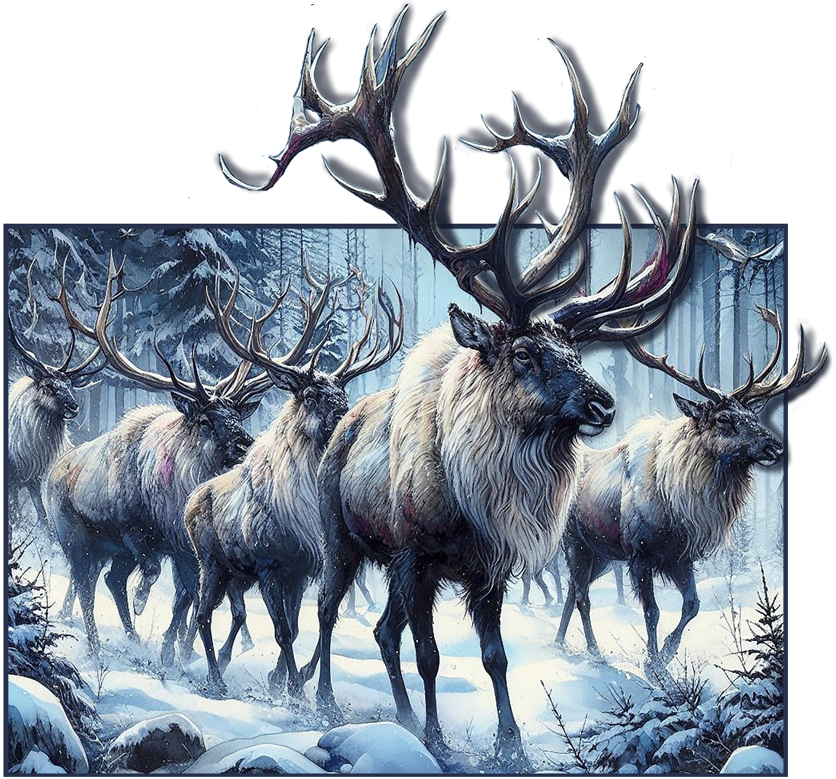 AI generated image of a Caribou herd in a forest in the middle of a snow storm.